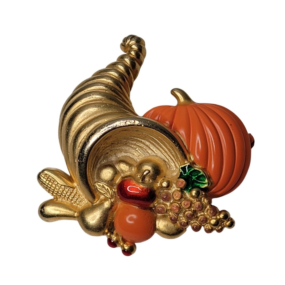 VTG Gold Tone Cornucopia‎ Brooch Danecraft Festive Fall Harvest Thanksgiving